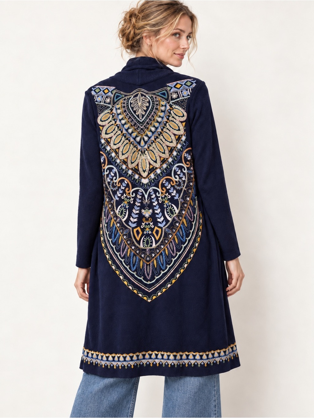 Soft Surroundings Silver Fir Metallic Embroidered Long Duster Cardigan
